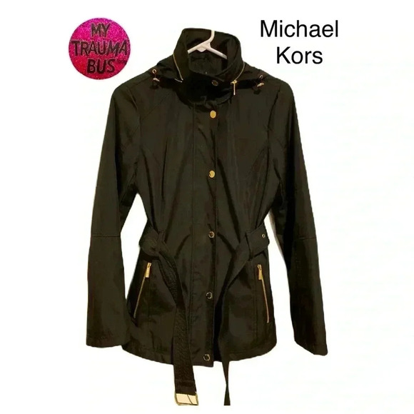 Michael Kors Jackets & Blazers - New Michael Kors Raincoat Womens w/ Belt Hideaway Zip Hood Black Sz. XS NWT